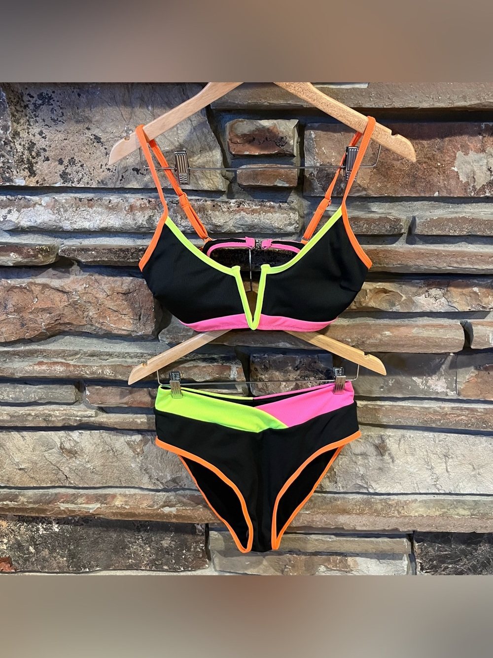 Popvil Neon Trim Black Two-Piece Bikini - Pink & Lime Accents